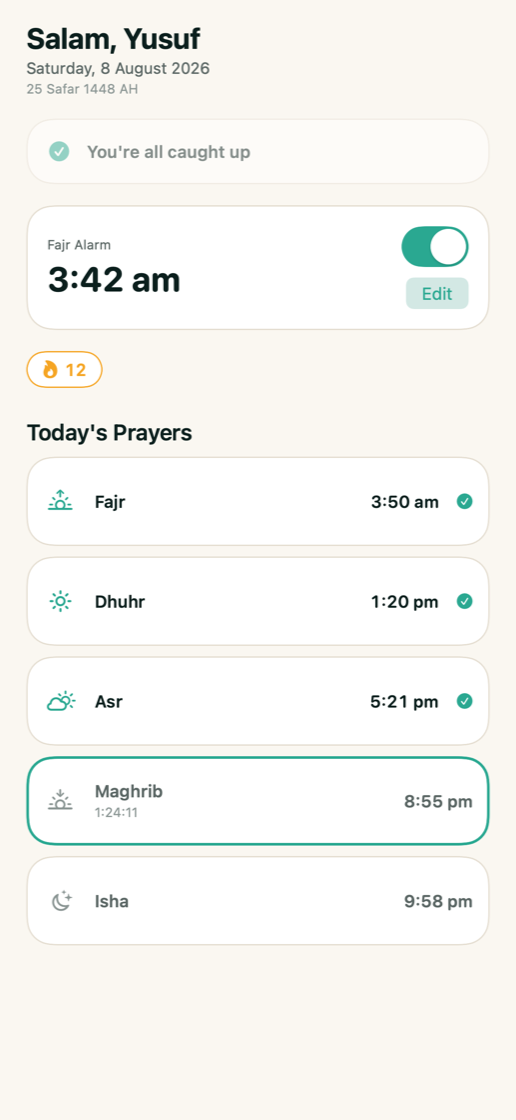 The prayd home screen, showing today's five prayer times and the Fajr alarm.